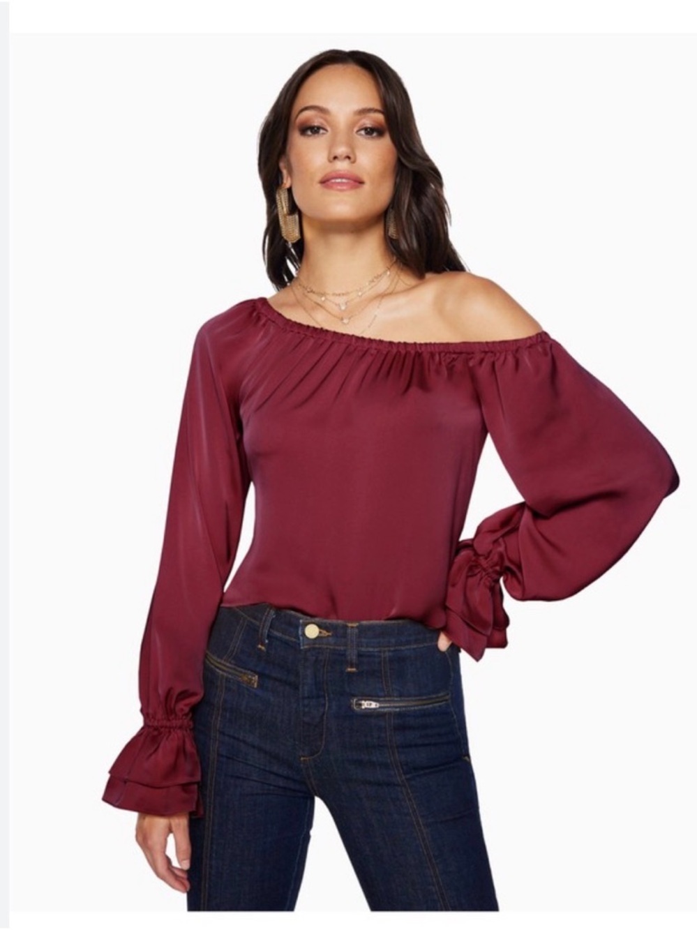 Ramy Brook Off-Shoulder Satin Blouse in Burgundy